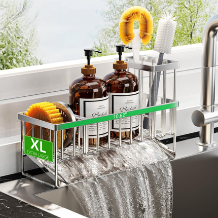 Sink Caddy Sponge Holder for Kitchen with Brush Holder and Stainless Steel Self Drain Tray, Rustproof Kitchen Sink Organizer for Sponge, Soap Dispenser Storage Accessories