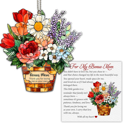Bonus Mom Acrylic Suncatcher with Card, Bonus Mom Gifts from Daughter Son, for Stepmom Bonus Mom, Birthday Gifts for Stepmom, Stepmother