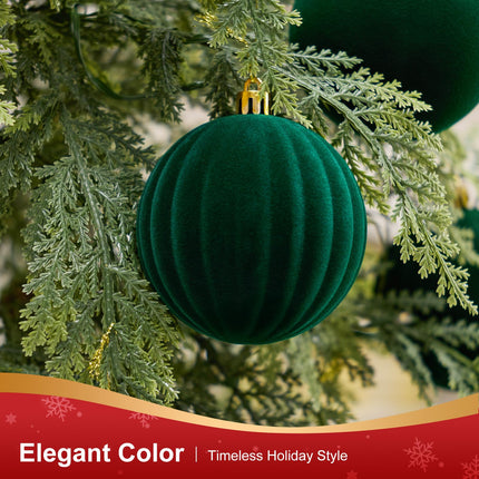 Christmas Balls, 16 Dark Green Flocked Ornaments for Tree Decor