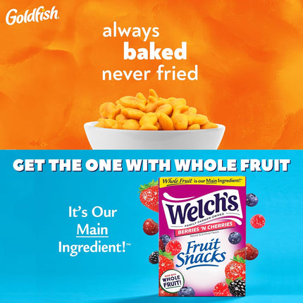 Goldfish and Welch’s Fruit Snacks for Back to School, 1 Box of Goldfish Cheddar Cheese Snack Packs (20 Count) and 1 Box of Welch’s Berries ‘N Cherries Fruit Snack Packs (40 Count)