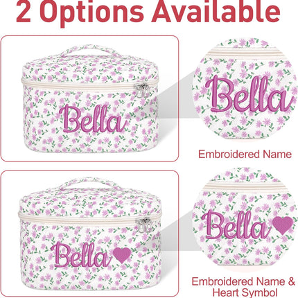 Personalized Large Quilted Makeup Bag for Women,Custom Cotton Travel Cosmetic Bag with Embroidered Name,Cute Toiletry Organizer Bag Bridesmaid Birthday Gift