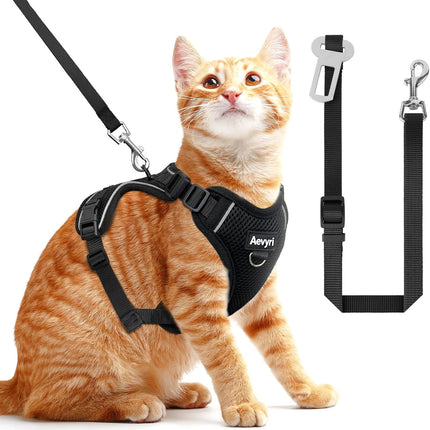 Cat Harness, Cat Harness and Leash for Walking, Adjusted in Four Directions and Breathable Cat Harness for Anti Escape that can be Fitted and Positioned, Reflective Strips Harness, Black, M