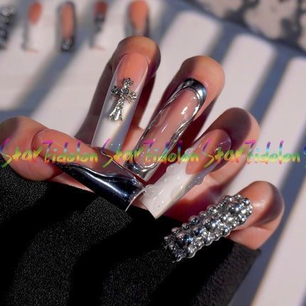 HAND-PAINTED White Press Ons Neon Small Press on Nails Long French Press on Nails Coffin Medium Short Nail art Fake Nail Art Kit with 7g Glue on Nails Handmade Almond Square Nails (TJ-11, Medium)