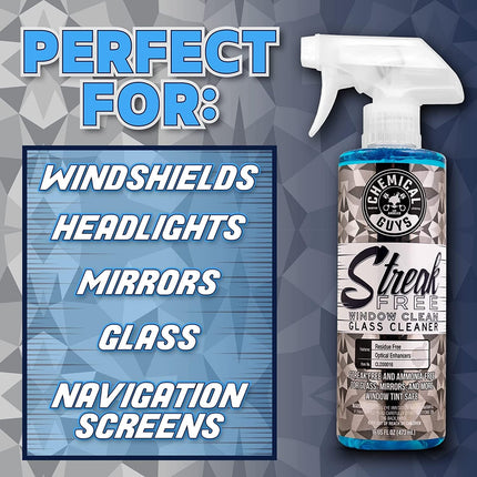 Chemical Guys Streak Free Glass & Window Cleaner (Glass, Windows, Mirrors, Nav Screens & More) Ammonia Free, 16 fl oz + Waffle Weave Glass and Window Microfiber Towel, Blue (24"x16")