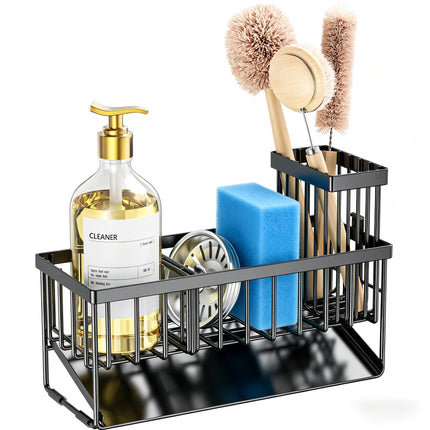 Sink Caddy Sponge Holder for Kitchen with Brush Holder and Stainless Steel Self Drain Tray, Rustproof Kitchen Sink Organizer for Sponge, Soap Dispenser Storage Accessories