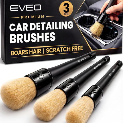 EVEO Car Detailing Brush Set - (3 Pack) Car Detailing Kit Interior, Car Interior Detailing Kit Car Detailing Brushes - Car Cleaning Brush, Car Detailing Brushes, Car Detailing Tools | Soft Boars Hair