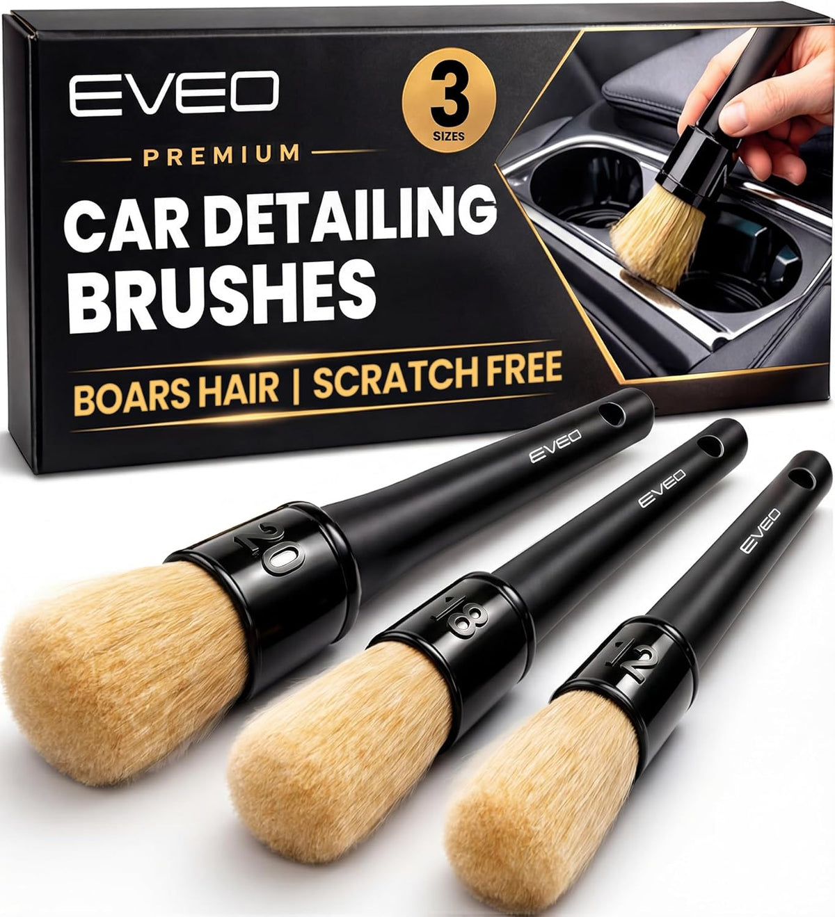 3-Pack Soft Boars Hair Car Interior Detailing Brush Set