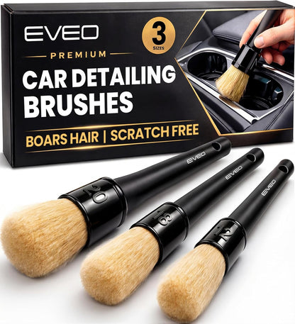 3-Pack Soft Boars Hair Car Interior Detailing Brush Set