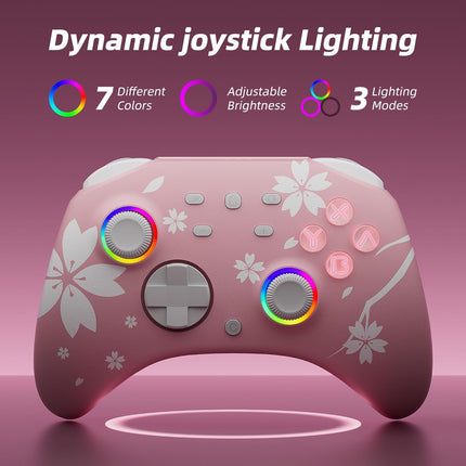Mytrix Wireless Controllers for Switch/Switch 2, Windows PC iOS Android Steam/Steam Deck, Sakura Pink Bluetooth Controller with Programmable, Hall Effect Joysticks, Adjustable LED Light/Turbo/Vibration