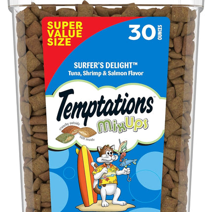 Temptations Cat Treats MixUps Surfer's Delight, Tuna, Shrimp, Salmon Flavor, Crunchy and Soft Cat Treats, 30 oz. Tub