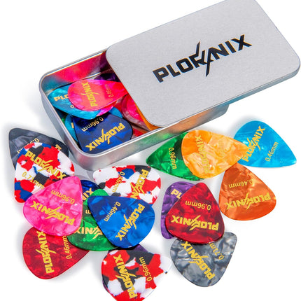 30 pack Celluloid Guitar Picks - 3 Different Thickness Colorful Guitar Pick with Metal Storage Box, Guitar Picks for Acoustic Guitar, Electric Guitar, Bass, Ukulele, 0.46mm/ 0.71mm/ 0.96mm