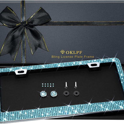 Bling License Plate Frame for Women, 1PCS Sparkly License Plate Frames| Over 1200 pcs 14 Facets Bedazzled Clear Glass Diamond Rhinestone Crystals w/Free Glitter Diamond Box (Blue)