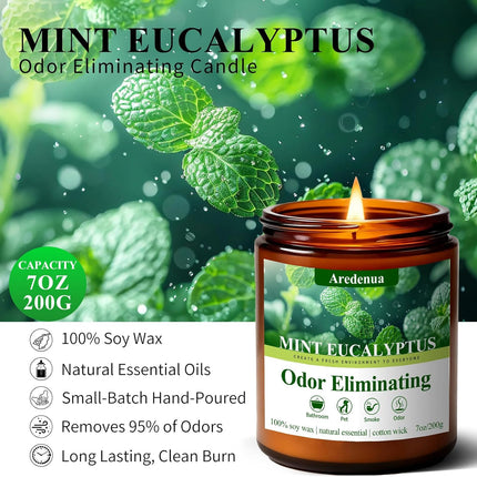 Mint Eucalyptus Odor Eliminating Candles | Eliminates 95% of Pet, Smoke & Bathroom Odors – 7 oz Hand Poured Non-Toxic Soy Candle - Air Freshing Scented Candles - Stress Relief Gifts for Women Men