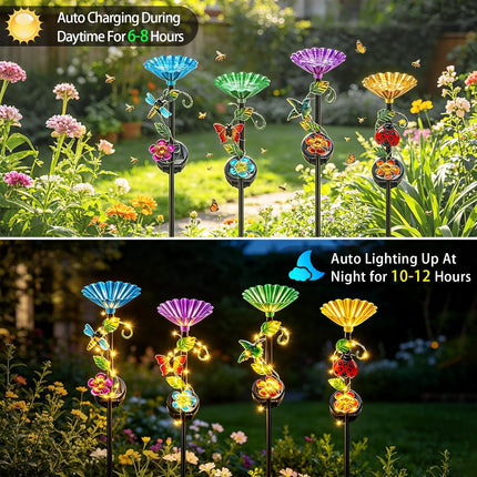 Solar Hummingbird Feeder with LED Light,Garden Bird&Butterfly Water Feeder Stakes,Solar Garden Decor for Hummingbirds Bees&Butterflies,Metal Yard Stakes with Dragonfly Ladybug Bird & Butterfly(4 Pack)