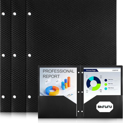 Textured 2 Pocket Folder, (3 Pack, Black) Plastic Folders with Pockets 3 Hole Punched, Fits Letter Size 3-Ring Binder, Heavy Duty Textured Folder for School, Office