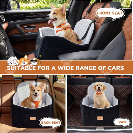 Dog Car Seat for Medium/Small Dogs, Dog Booster Car Seat, Pet Booster Seats Up to 40lbs with Waterproof Layer, 3 Storage Pockets and Safety Belt (Black/Grey)