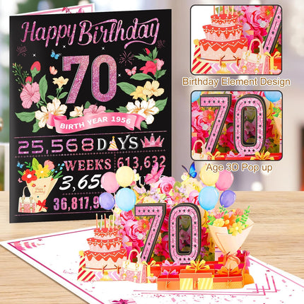 70th Birthday Card for Women,Jumbo Pop Up 70th Birthday Cards for Her Friend,Back In 1956 Happy 70 Year Old Birthday Decorations for Wife Daughter Mom Funny Birthday Gifts,Rose Gold