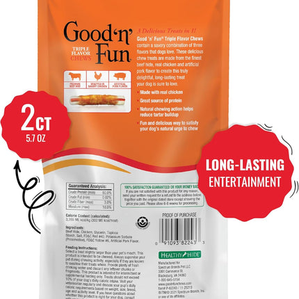 Good ‘n’ Fun Triple Flavor Chews for Large Dogs, Treat Your Dog to Long-Lasting Chews Made with Beef Hide, Chicken and Artificial Pork Flavor, 2 Count