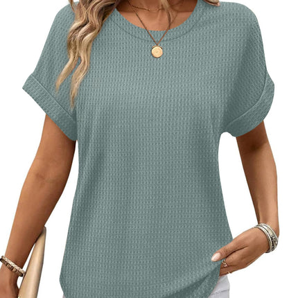 Blusas de verano para mujer 2026, camisas de manga corta enrollada, punto waffle, cuello redondo, dobladillo curvo