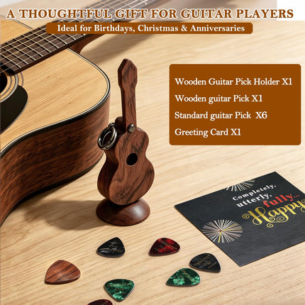 Wood Guitar Pick Holder with 1 Wood Pick and 6 Celluloid Picks
