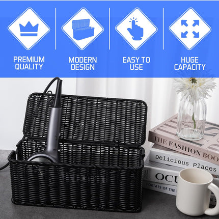 Cable Management Box, Handmade Rattan Cable Organizer with 2 Open Slots, Cord Hider for Power Strip, Router & USB Hub, Registered U.S. Design Patent (D1,112,102), 13" x 5.1" x 5.1", Black