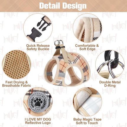 BEAUTYZOO Small Dog Harness and Leash Set,Step in No Choke No Pull Soft Mesh Dog Harnesses Reflective for Extra Small Medium Puppy Dogs and Cats, Plaid Dog Vest Harness for XS S Pets, Beige S