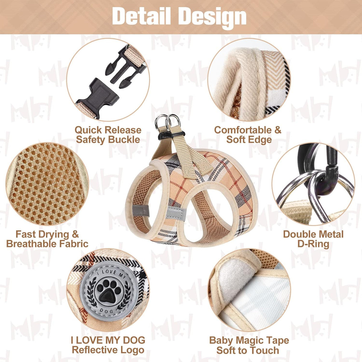 Beige Plaid Step-In Soft Mesh Dog Harness and Leash Set for Small Pets - photo 3