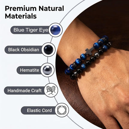 Cross Bracelet for Men - Black Obsidian Hematite Tiger Eye Triple Protection Bracelet Set 8MM Stretch Beaded Bracelets Faith Jewelry Gift for Men Boyfriend Husband Son