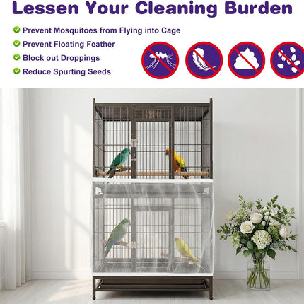 Bird Cage Cover, Large Breathable Nylon Mesh Seed Catcher Birdcage Guard with Adjustable Elastic Skirt for Prevents Seed Mess, Universal Birdcage Accessories for Parrot, Budgie, Cockatiel