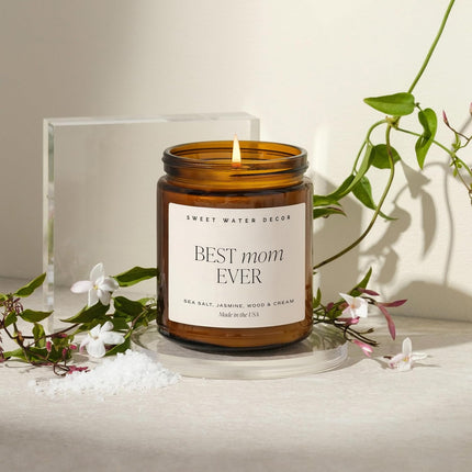 Sweet Water Decor, Best Mom Ever Candle - Sea Salt, Jasmine, Cream, and Wood Scented Soy Wax Candle for Mom - 9oz Amber Jar, 40 Hour Burn Time, Made in the USA