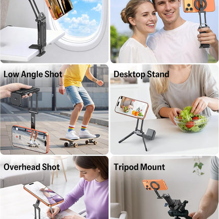 OMOTON TP02-Pro Magnetic Phone Holder for Vlogging, Content Creator Essentials with 1/4" Screw, Arca, Strong Back Magnet for Gym, Adjustable Phone Stand & Selfie Stick for iPhone 12-17 Series, Black