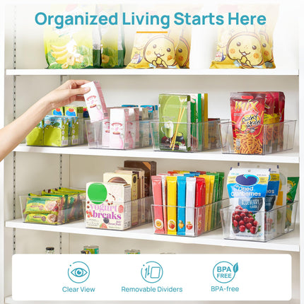 8 Pack Food Storage Organizer Bins, Clear Plastic, 4 Compartments