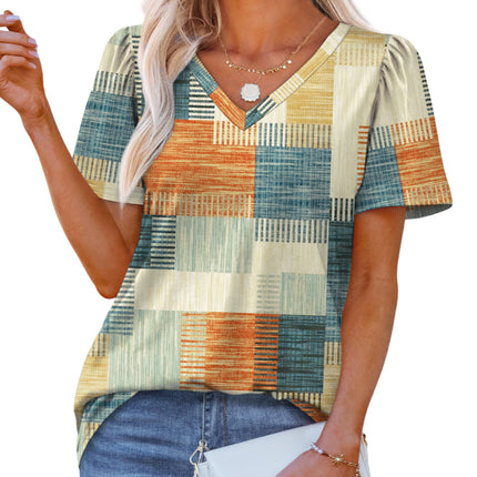 T Shirts for Women V Neck Dressy Casual Blouses Puff Short Sleeve Summer Tops Loose Fit