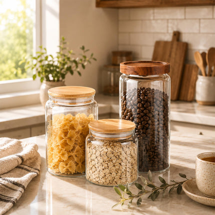 17 floz Small Glass Storage Containers with Lids,Candy Jar with Lid, Glass Food Storage Containers for Kitchen Counter, Pantry, Decorative Jar for Coffee, Sugar,Tea, Cute Jar(Bamboo 17 FL OZ)