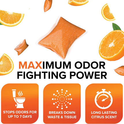 Camco TST MAX RV Toilet Treatment Drop-INs - Control Unwanted Odors & Break Down Waste and Tissue - Safe Septic Tank Treatment - Orange Scent, 30-Pack (41183)
