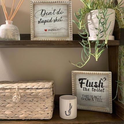 Boho Farmhouse Wooden Framed Bathroom Decor Signs, Funny Restroom Decorative Plaque Small Cute, Toilet Rules Shelf Decoration (Don't Do Stupid Shit Love Mom)