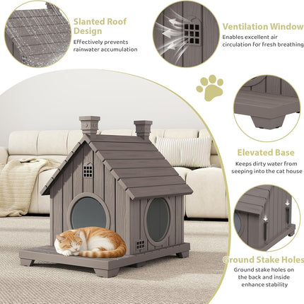 Outdoor Cat House Weatherproof, Durable Resin Cat Houses for Outdoor Indoor Cats, Litter Box Enclosure with Elevated Base, Anti-Slip Pad, Ventilation, Grey