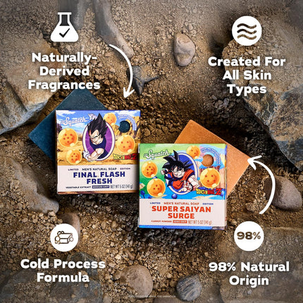 Dr. Squatch Natural Men's Bar Soap – Limited Edition Dragon Ball Z Gifts for Men – Natural Cold Process Soap Bar – Super Saiyan Surge + Final Flash Fresh (5 oz, 4-Pack)