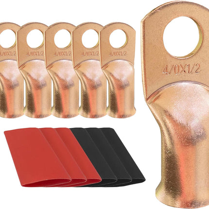 SourcetoHome 10pcs 4/0 AWG-1/2 Ring Battery Lugs, Copper Lugs, Battery Cable Ends, Tubular Ring Terminals, Crimp Wire Ring Lugs, Battery Terminal Connectors with Heat Shrink Tubing (10, 4/0 Awg - 1/2" (M12) Ring) - General - front view