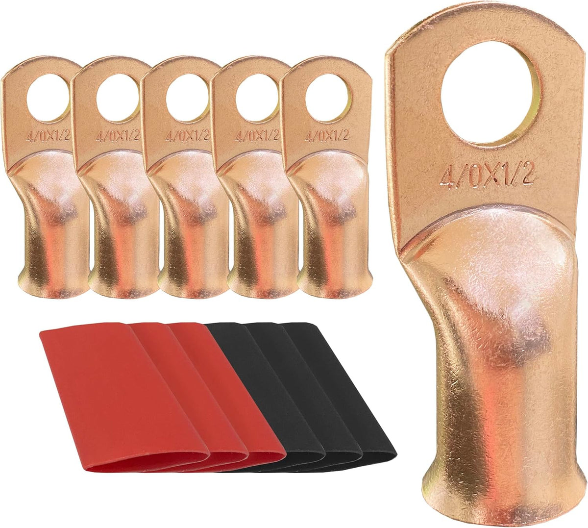 SourcetoHome 10pcs 4/0 AWG-1/2 Ring Battery Lugs, Copper Lugs, Battery Cable Ends, Tubular Ring Terminals, Crimp Wire Ring Lugs, Battery Terminal Connectors with Heat Shrink Tubing (10, 4/0 Awg - 1/2" (M12) Ring) - General - front view