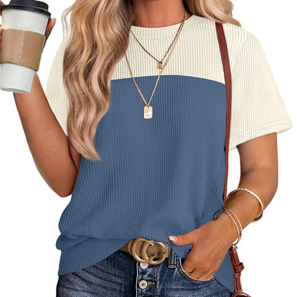 Womens Fashion 2026 Color Block Shirts Short Sleeve Knitted Summer Fall Tops Casual Trendy