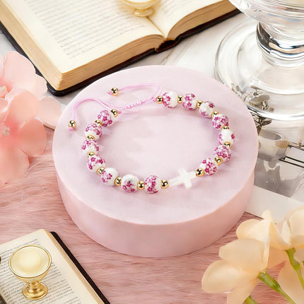 Sereney Cross Bracelet as First Holy Communion Gifts for Girls, Pink Flower Religious Bracelet as Christian Catholic Gifts Easter Basket Stuffers, 1st Communion Baptism Confirmation Gifts for Girl