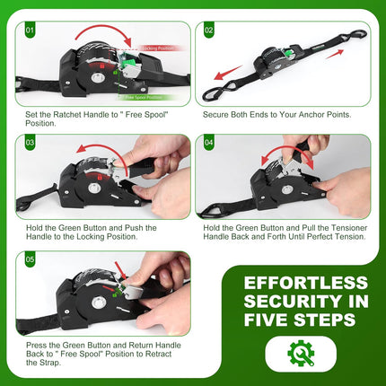 Retractable Ratchet Straps (4-Pack) - 1 Inch x 10 Feet (1,650lb Break Strength) - Auto Self Retracting Tie Down Straps for Truck, Cargo Trailer, Motorcycle, ATV, UTV - Black