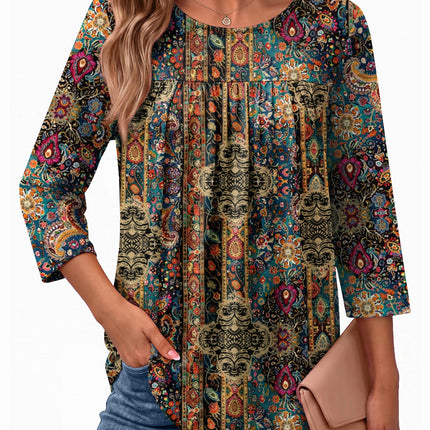 Womens 3/4 Length Sleeve Tops Boho Blouses Casual Pleated Shirts