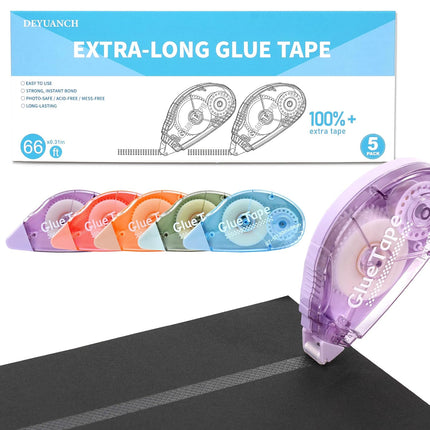 65.62 ft Extra-Long Glue Tape, 0.31 in Wide Scrapbook Tape, 5-Pack, Photo-Safe Acid-Free Double Sided Tape for Crafts, Scrapbook and Junk Journal Supplies (Multicolor)