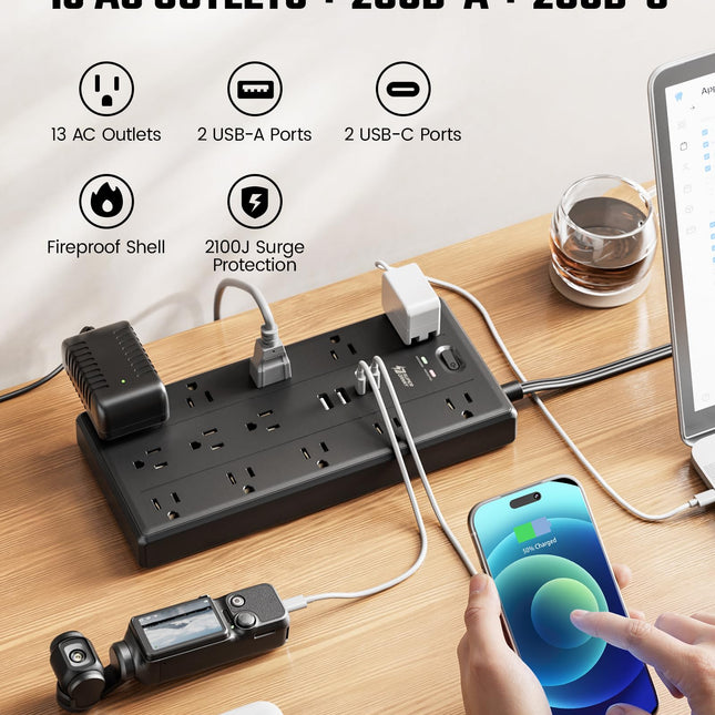 10Ft Extension Cord with Multiple Outlets, Flat Plug Power Strip - photo 2