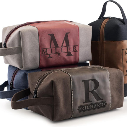 Toiletry Bag for Men Personalized, Laser Engraved Initial & Name on Leather, Custom 4 Canvas Colors - Gift for Husband, Dad, Boy Friend, Handcrafted Travel Bag, Waterproof Shaving Dopp Kit