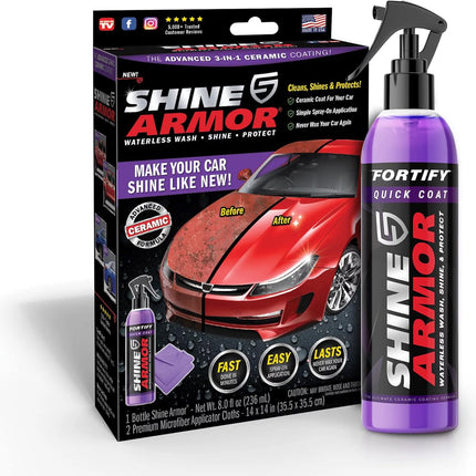 Car Wax Spray and Ceramic Coating for Cars - 3 in 1 Waterless Car Wash and Detailing - Quick Effect Coating Agent for Car - High Gloss Car Coating Spray, Shiny Car Stuff by Shine Armor - 8FlOz