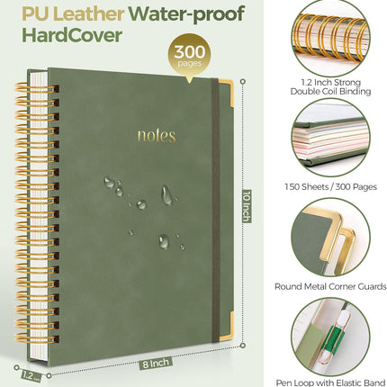 SKYDUE Hardcover Spiral Notebook, 300 Pages 8" x 10" College Ruled Notebook for Work with Dividers & Pockets, 5 Subject Notebook Journals for Women, Double Wire Bound, Tab Stickers Included, Green