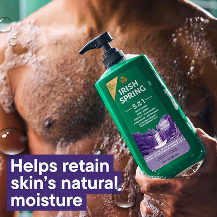 Irish Spring 5 in 1 Moisturizing Body Wash for Men, Shampoo, Conditioner, Body and Face Wash, and 24 Hour Deodorizer, Paraben-Free, Fresh Eucalyptus & Bergamot Scent, 30 fl oz - Packaging may vary